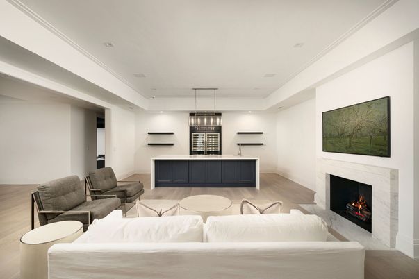 Fireplace, Interior, Living room, Pendant Lights, Recessed Lighting, Wood Texture Flooring