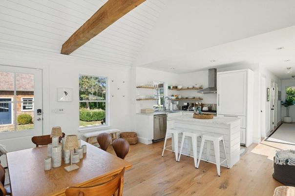 Dining room, Interior, Kitchen, Recessed Lighting, Stainless Steel Appliances, Wooden Beams, Wood Texture Flooring