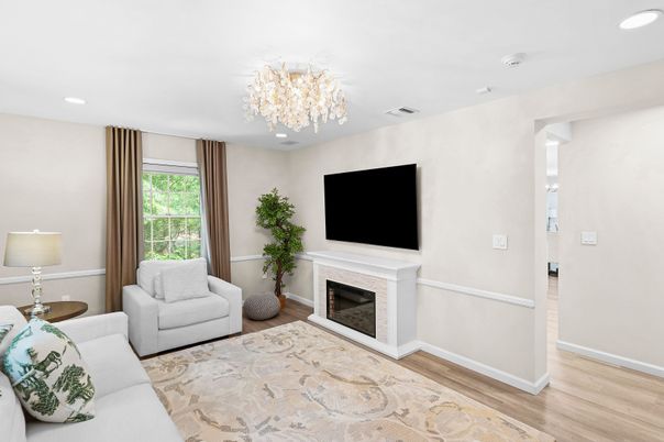Chandelier, Fireplace, Interior, Living room, Recessed Lighting, Wood Texture Flooring