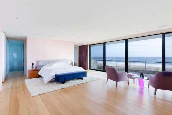 Bedroom, Interior, Recessed Lighting, Water, Wood Texture Flooring