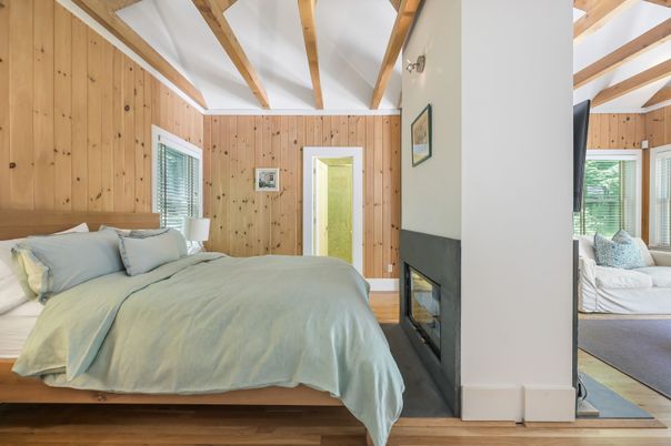 Bedroom, Fireplace, Interior, Wooden Beams, Wood Texture Flooring, Wooden Walls