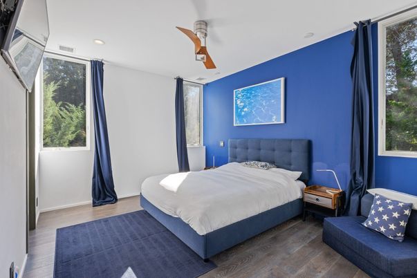 Bedroom, Interior, Recessed Lighting, Wood Texture Flooring