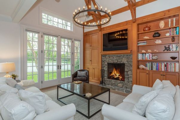 Chandelier, Fireplace, Interior, Living room, Wooden Beams