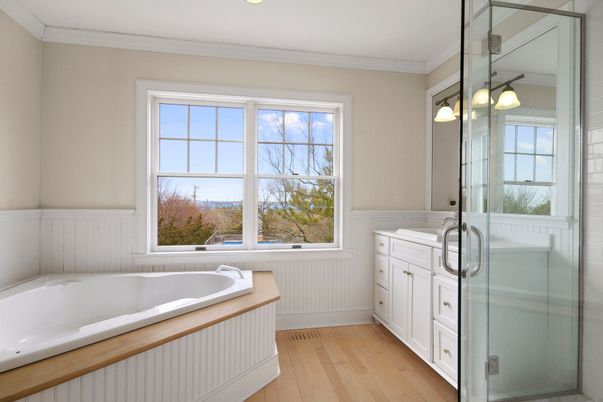 Bathroom, Glass Shower, Interior, Pendant Lights, Recessed Lighting, Wood Texture Flooring