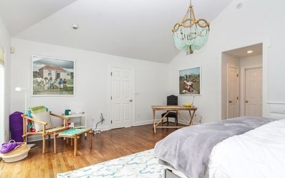 Bedroom, Chandelier, Home Office, Interior, Recessed Lighting, Wood Texture Flooring