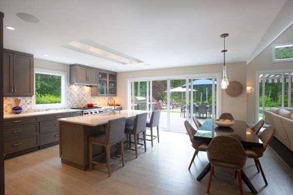 Dining room, Interior, Kitchen, Pendant Lights, Recessed Lighting, Wood Texture Flooring
