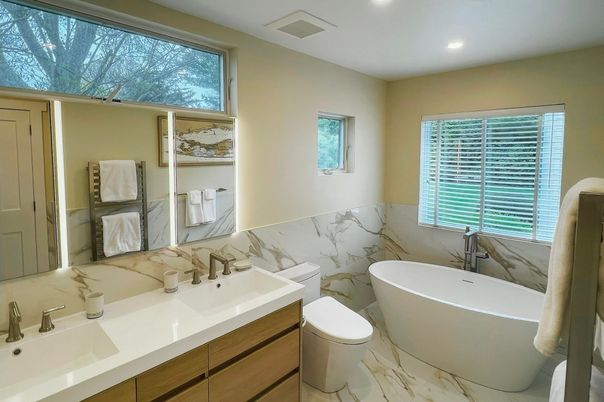 Bathroom, Dual Sink Vanities, Free Standing Baths, Interior, Marble, Recessed Lighting