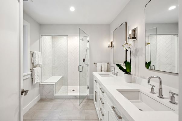Bathroom, Dual Sink Vanities, Glass Shower, Interior, Marble Walls, Recessed Lighting