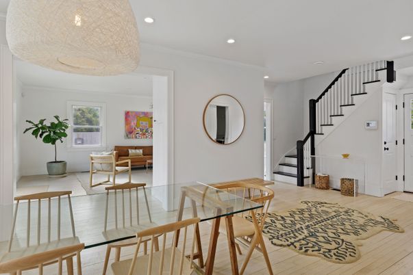 Dining room, Interior, Recessed Lighting, Wood Texture Flooring