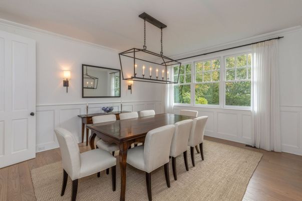 Dining room, Interior, Pendant Lights, Wood Texture Flooring