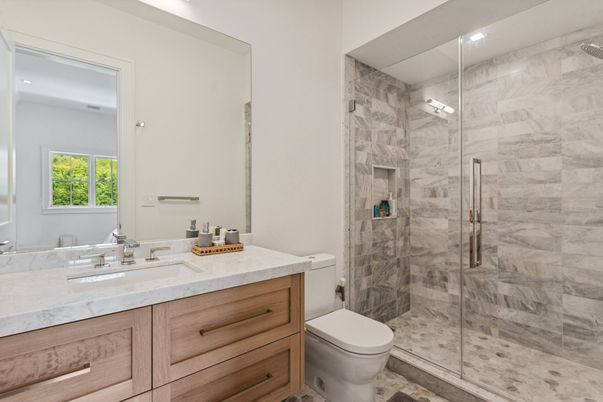 Bathroom, Glass Shower, Interior, Marble Walls, Recessed Lighting