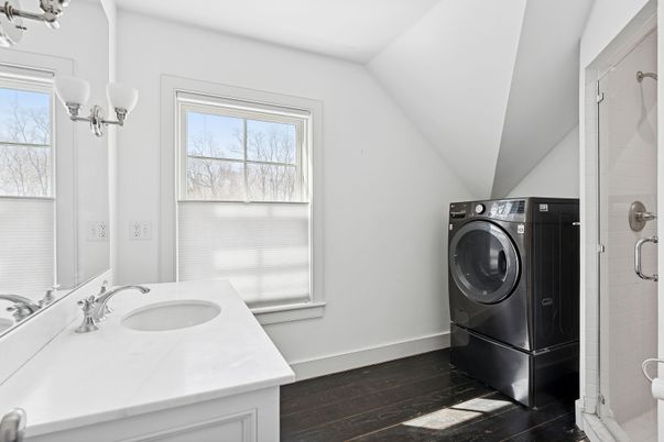 Bathroom, Interior, Washer, Wood Texture Flooring