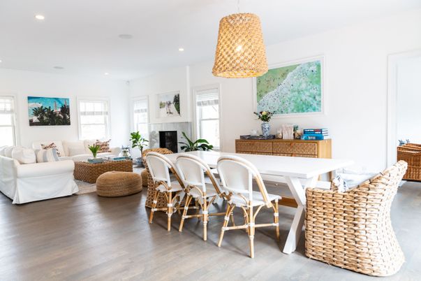 Dining room, Fireplace, Interior, Living room, Pendant Lights, Recessed Lighting, Wood Texture Flooring