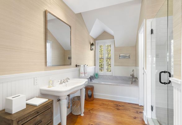 Bathroom, Glass Shower, Interior, Wood Texture Flooring