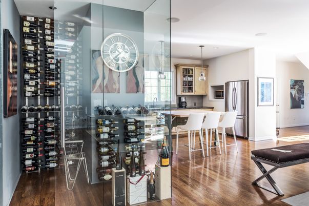 Interior, Kitchen, Pendant Lights, Wine Storage, Wood Texture Flooring