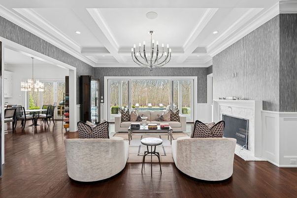 Chandelier, Dining room, Fireplace, Interior, Living room, Recessed Lighting, Wood Texture Flooring