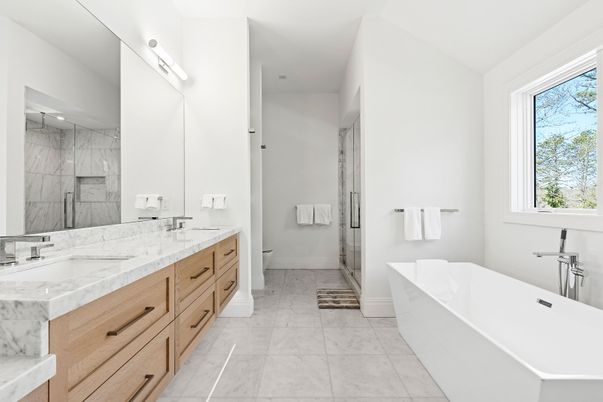 Bathroom, Dual Sink Vanities, Free Standing Baths, Glass Shower, Interior, Marble, Marble Walls, Recessed Lighting