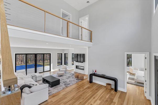 Fireplace, Interior, Living room, Recessed Lighting, Wood Texture Flooring