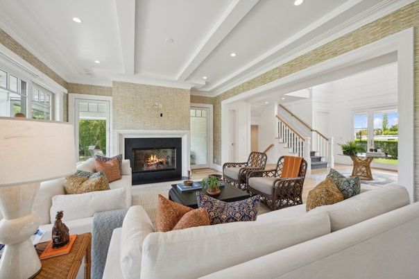 Fireplace, Interior, Living room, Recessed Lighting, Stone Walls, Wood Texture Flooring