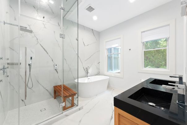 Bathroom, Dual Sink Vanities, Free Standing Baths, Glass Shower, Interior, Marble, Marble Walls, Recessed Lighting