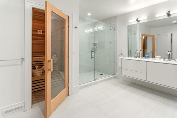 Bathroom, Dual Sink Vanities, Glass Shower, Interior, Recessed Lighting, Sauna Room