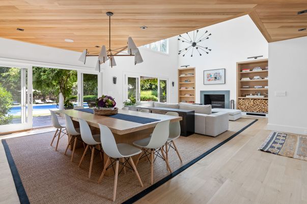 Dining room, Fireplace, Interior, Living room, Pendant Lights, Wooden Ceilings, Wood Texture Flooring
