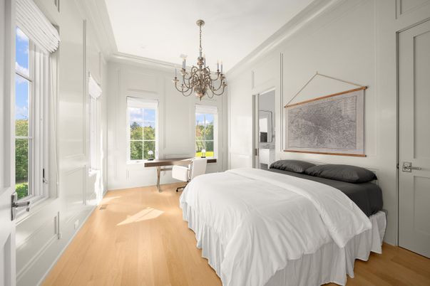 Bedroom, Chandelier, Home Office, Interior, Wood Texture Flooring