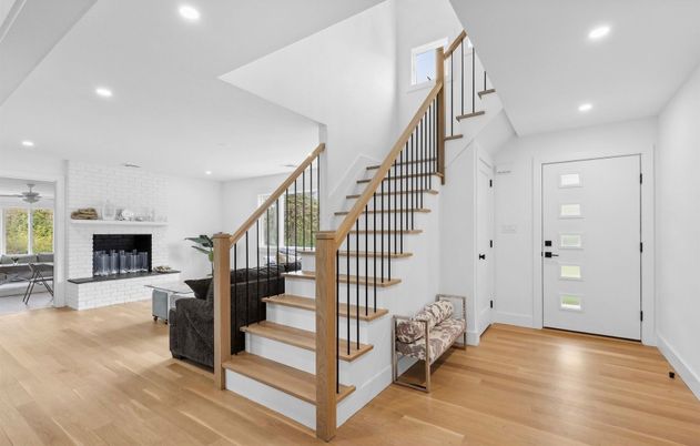 Fireplace, Interior, Recessed Lighting, Wood Texture Flooring