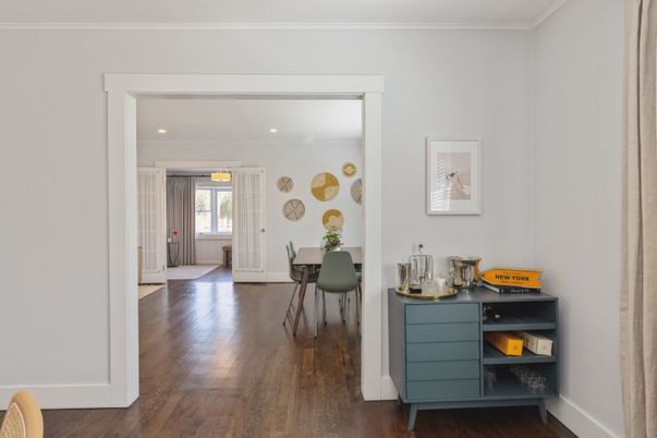 Dining room, Interior, Recessed Lighting, Wood Texture Flooring