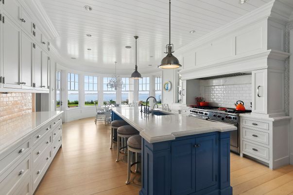 Dining room, Interior, Kitchen, Pendant Lights, Recessed Lighting, Water, Wood Texture Flooring