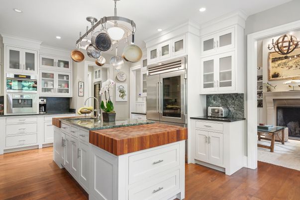 Fireplace, Interior, Kitchen, Recessed Lighting, Stainless Steel Appliances, Wood Texture Flooring