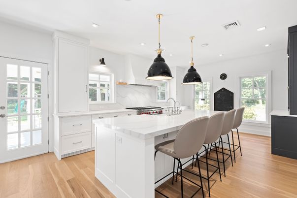 Interior, Kitchen, Marble Walls, Pendant Lights, Recessed Lighting, Wood Texture Flooring