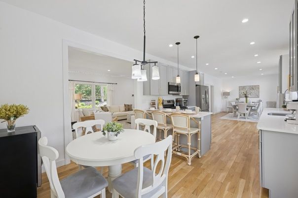 Dining room, Interior, Kitchen, Living room, Pendant Lights, Recessed Lighting, Stainless Steel Appliances, Wood Texture Flooring