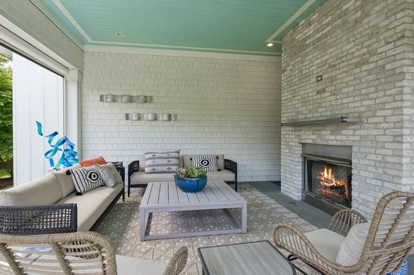 Fireplace, Interior, Living room, Recessed Lighting, Stone Walls