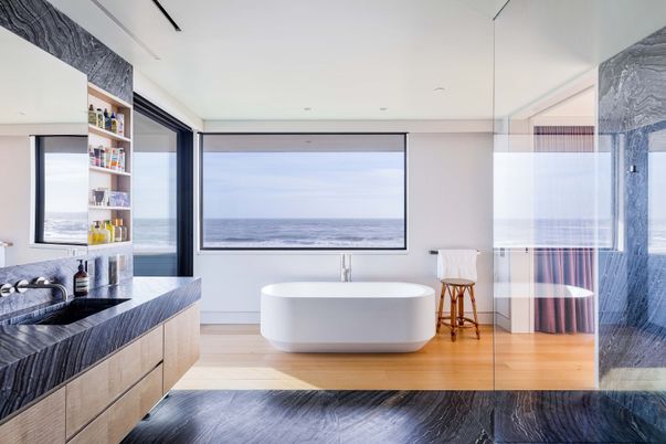 Bathroom, Free Standing Baths, Interior, Recessed Lighting, Water, Wood Texture Flooring