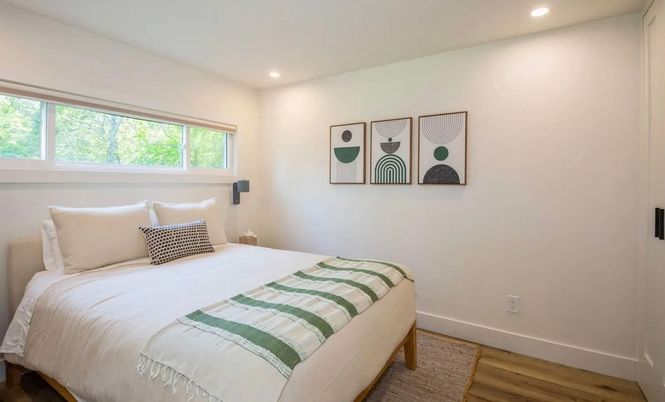 Bedroom, Interior, Recessed Lighting, Wood Texture Flooring