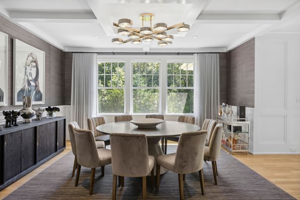 Dining room, Interior, Recessed Lighting, Wood Texture Flooring