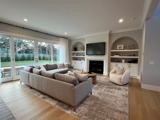 Fireplace, Interior, Living room, Recessed Lighting, Wood Texture Flooring