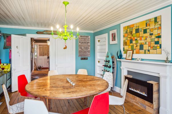 Chandelier, Dining room, Fireplace, Interior, Pendant Lights, Wood Texture Flooring