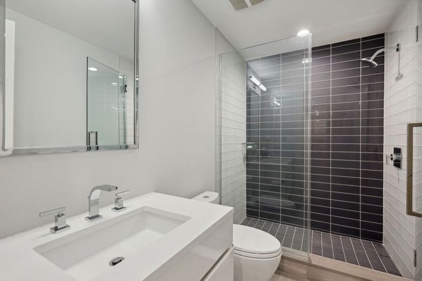 Bathroom, Glass Shower, Interior, Recessed Lighting, Wood Texture Flooring