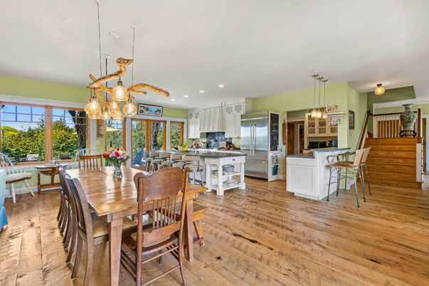 Dining room, Interior, Kitchen, Pendant Lights, Recessed Lighting, Stainless Steel Appliances, Wood Texture Flooring