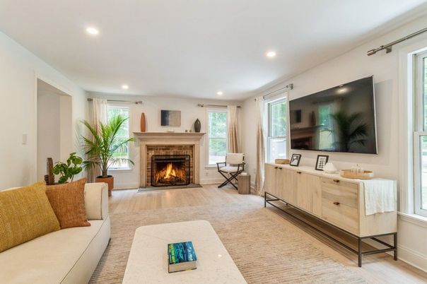 Fireplace, Interior, Living room, Recessed Lighting, Wood Texture Flooring
