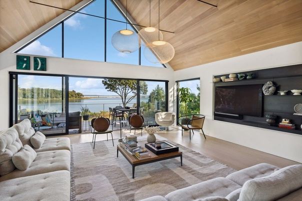 Interior, Living room, Pendant Lights, Water, Wooden Ceilings, Wood Texture Flooring