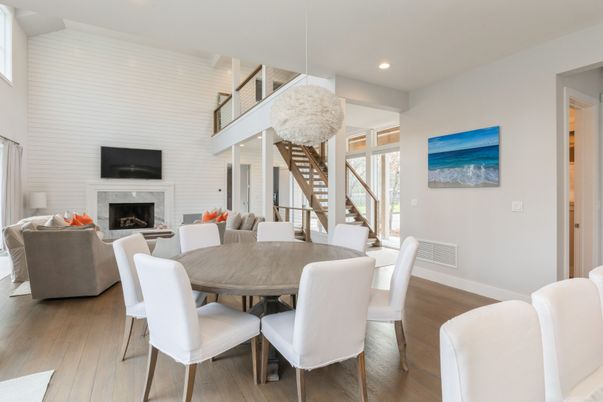 Dining room, Fireplace, Interior, Living room, Pendant Lights, Recessed Lighting, Stone Walls, Wood Texture Flooring