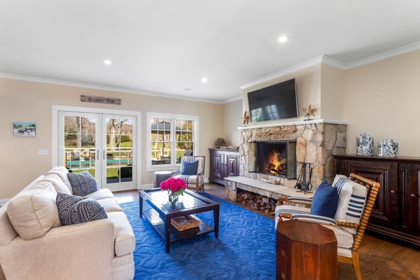 Fireplace, Interior, Living room, Recessed Lighting, Wood Texture Flooring