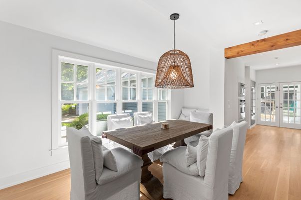 Dining room, Interior, Pendant Lights, Recessed Lighting, Wooden Beams, Wood Texture Flooring