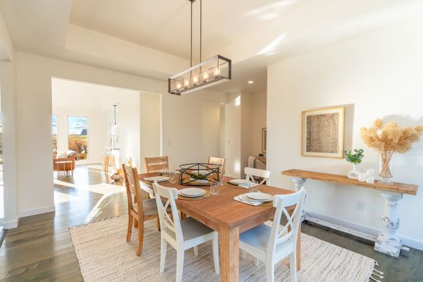 Dining room, Interior, Pendant Lights, Recessed Lighting, Wood Texture Flooring