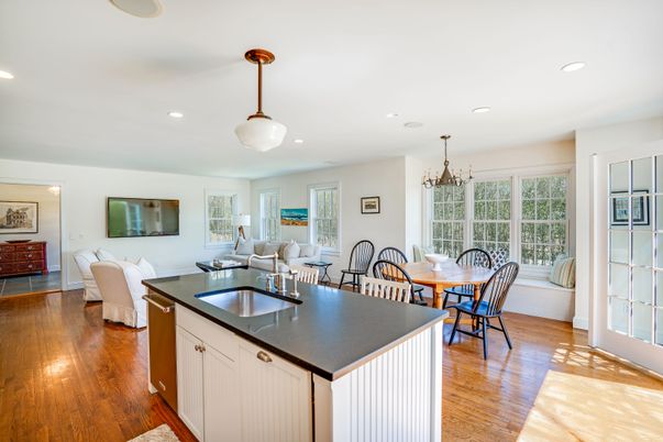 Chandelier, Dining room, Interior, Kitchen, Living room, Pendant Lights, Recessed Lighting, Wood Texture Flooring