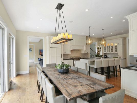 Dining room, Interior, Kitchen, Pendant Lights, Recessed Lighting, Stainless Steel Appliances, Wood Texture Flooring