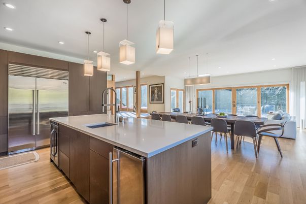 Dining room, Interior, Kitchen, Pendant Lights, Recessed Lighting, Stainless Steel Appliances, Wood Texture Flooring